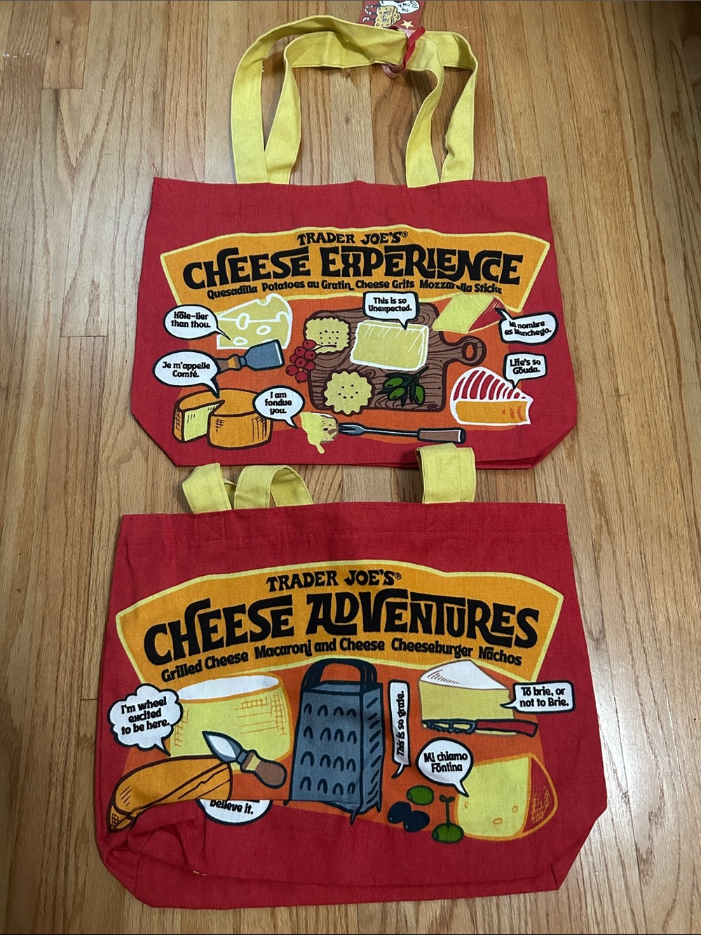 Trader Joe's Red Cheese Adventures Tote Bag Set (2) front and back are different